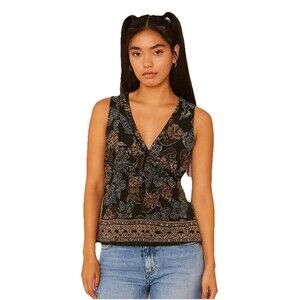 Y2K Cotton Babydoll Top XS V Neck Paisley Floral Black